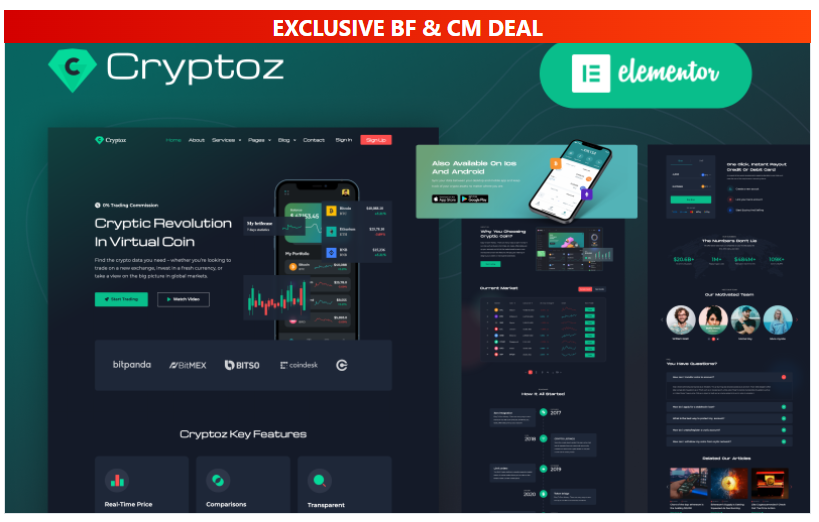 Cryptoz – Cryptocurrency Landing Page Elementor WordPress Theme