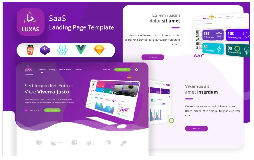 Luxas – HTML React Vue Sketch IT and SaaS Landing Page Template